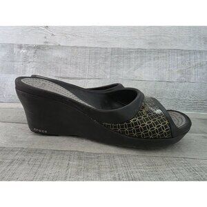 Crocs Black & Gold Wedge Sandals Womens Size 10 Geometric Pattern
